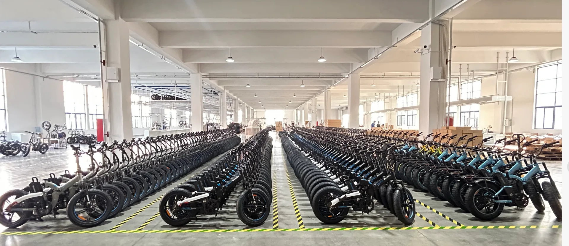 Rows of electric bicycles inside the Nantong manufacturing facility